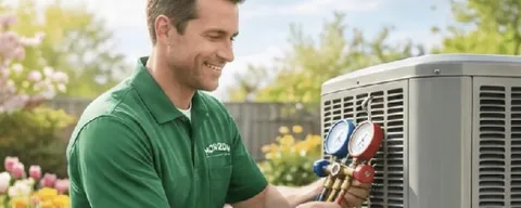 Horizon HVAC technician servicing an outdoor AC condenser